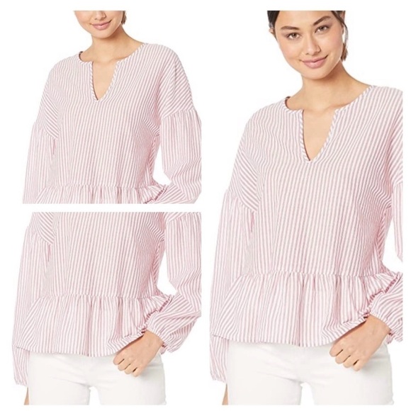 BCBGMAXAZRIA Women's Long Sleeve Peasant Woven Top Red and White size M NWT - Picture 1 of 10